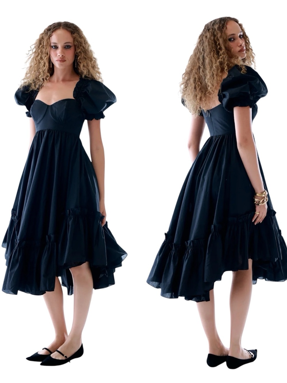 Selkie | The Raven French Ritz Midi Dress Black Ruffle Goth Size Small NWT
